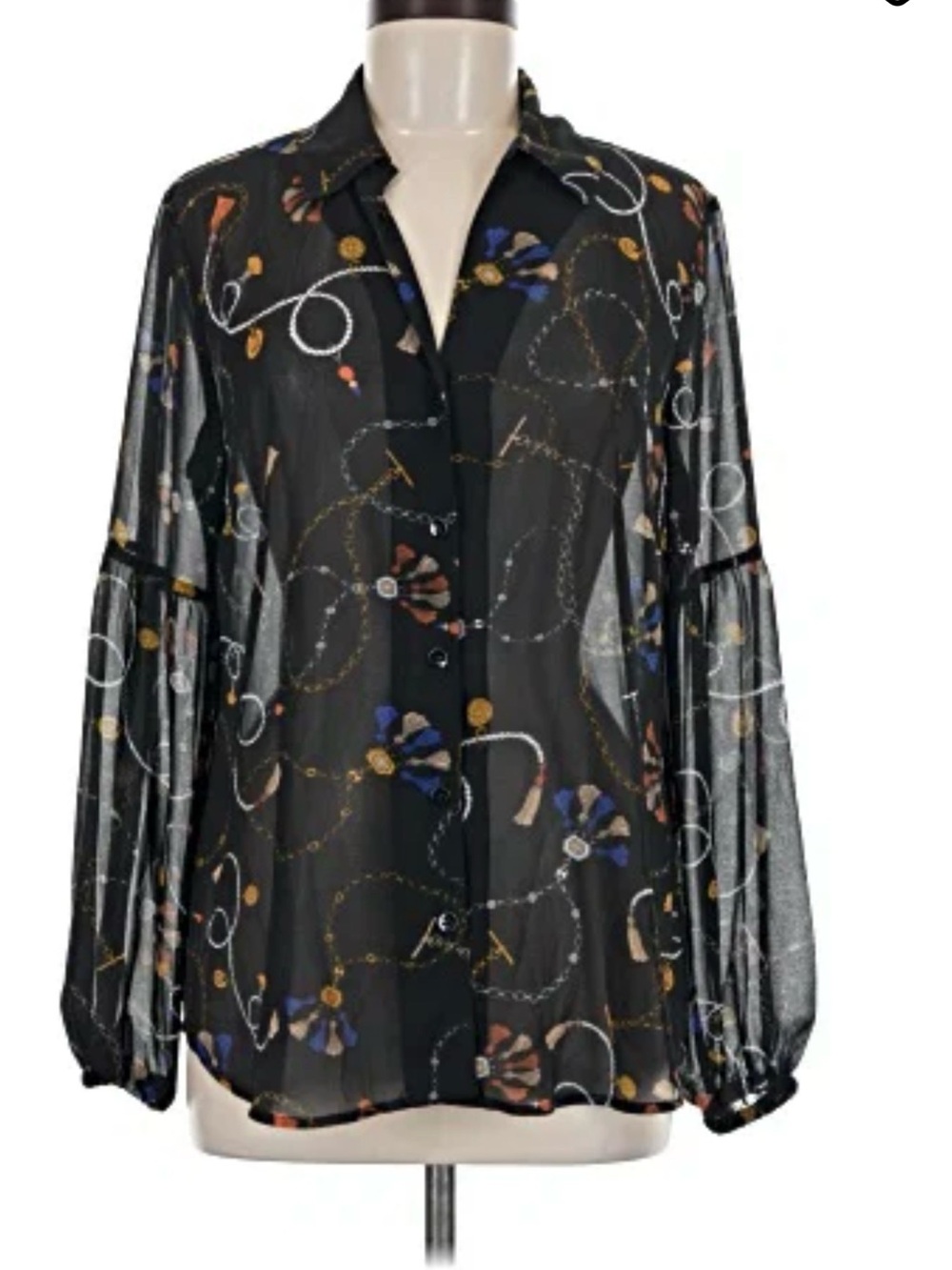 CAbi Black Sheer Button-Up Blouse with Chain & Floral Print